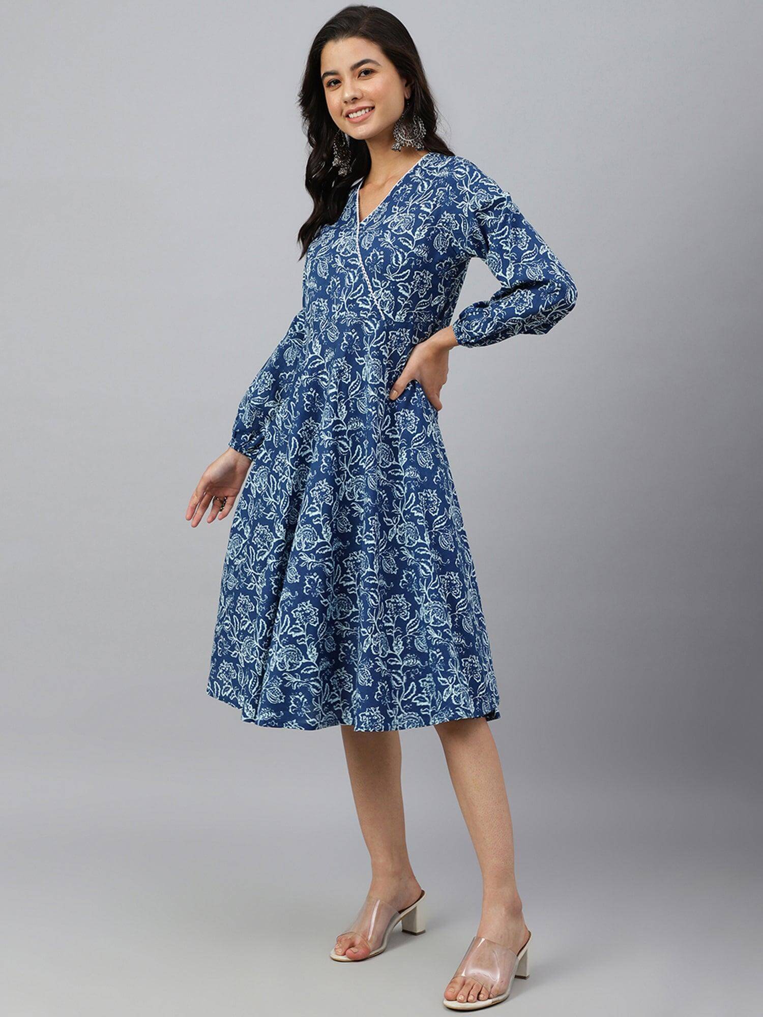 Navy Blue Cotton Floral Print Angrakha Western Dress Silae