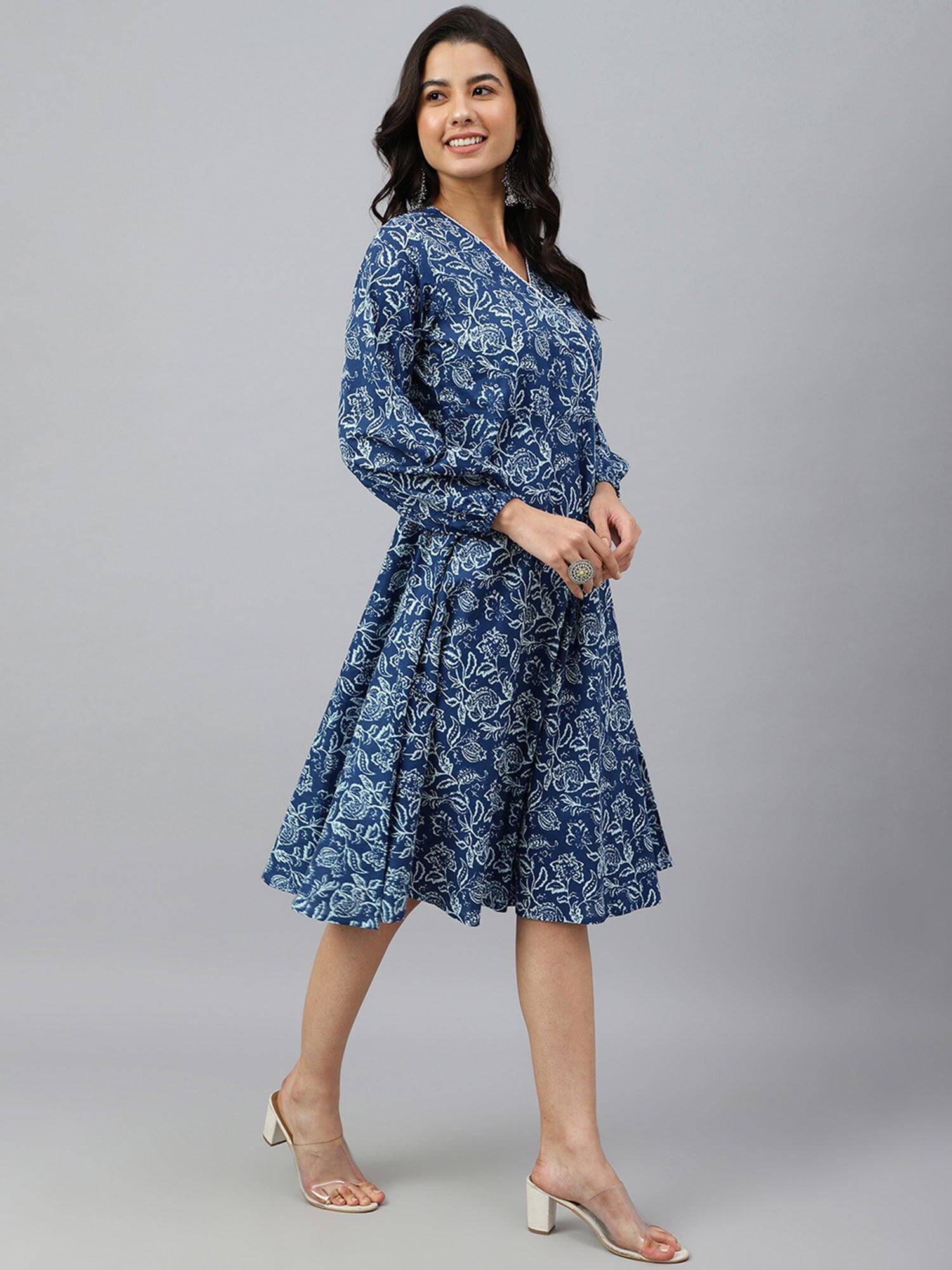 Navy Blue Cotton Floral Print Angrakha Western Dress Silae