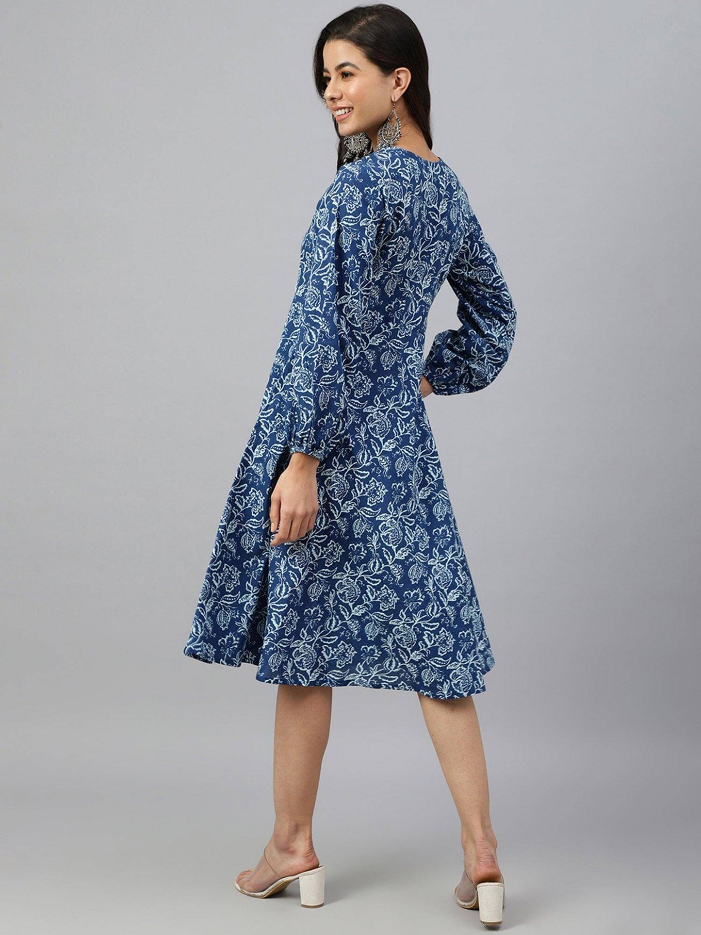 Navy Blue Cotton Floral Print Angrakha Western Dress Silae