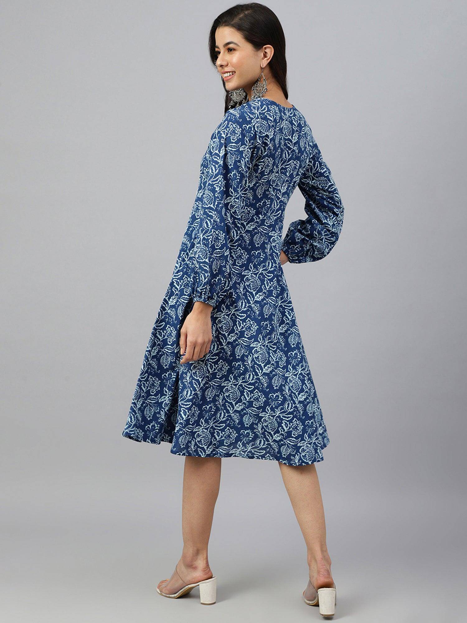 Navy Blue Cotton Floral Print Angrakha Western Dress Silae