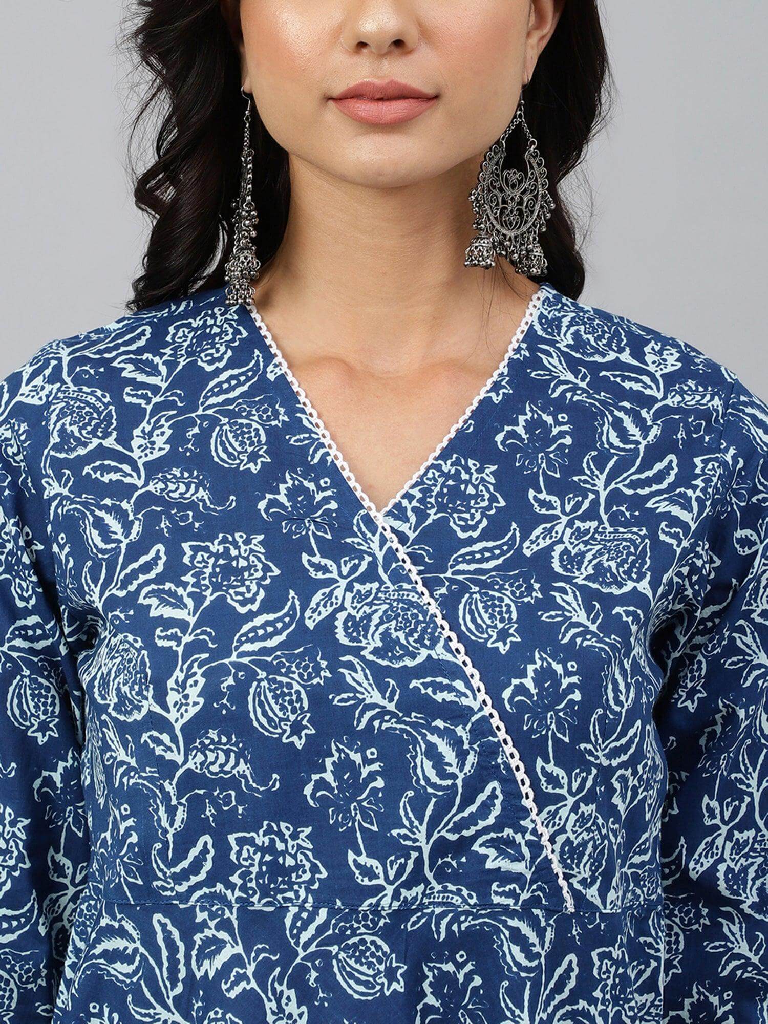 Navy Blue Cotton Floral Print Angrakha Western Dress Silae