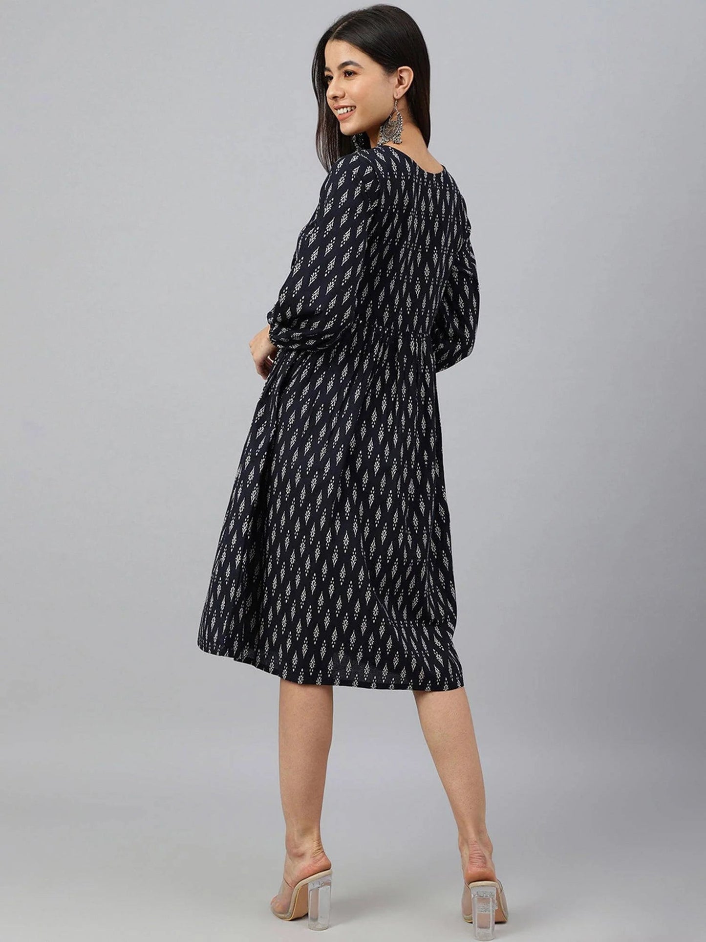 Silae Black Cotton Printed A-Line Western Dress Silae