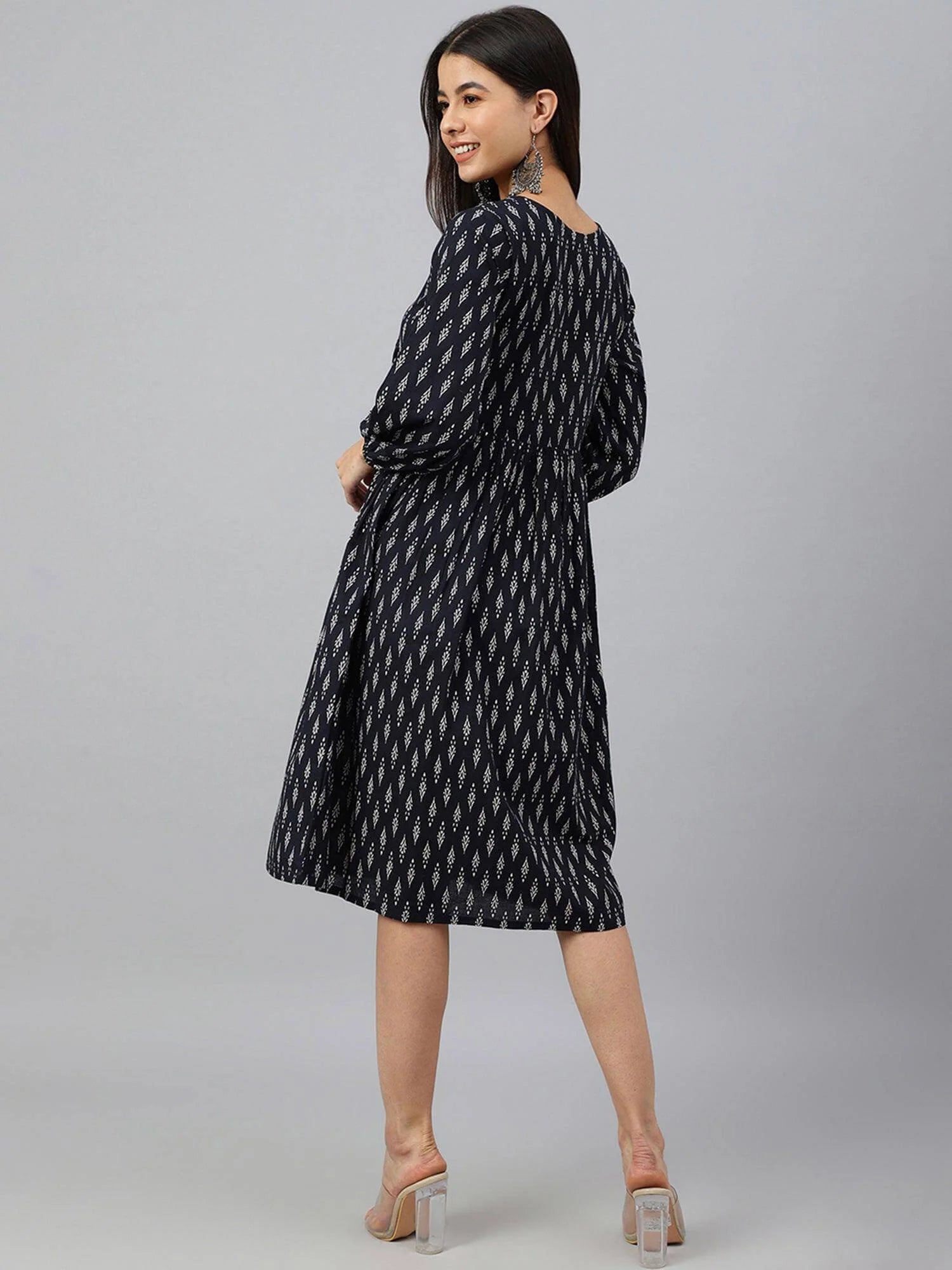 Silae Black Cotton Printed A-Line Western Dress Silae