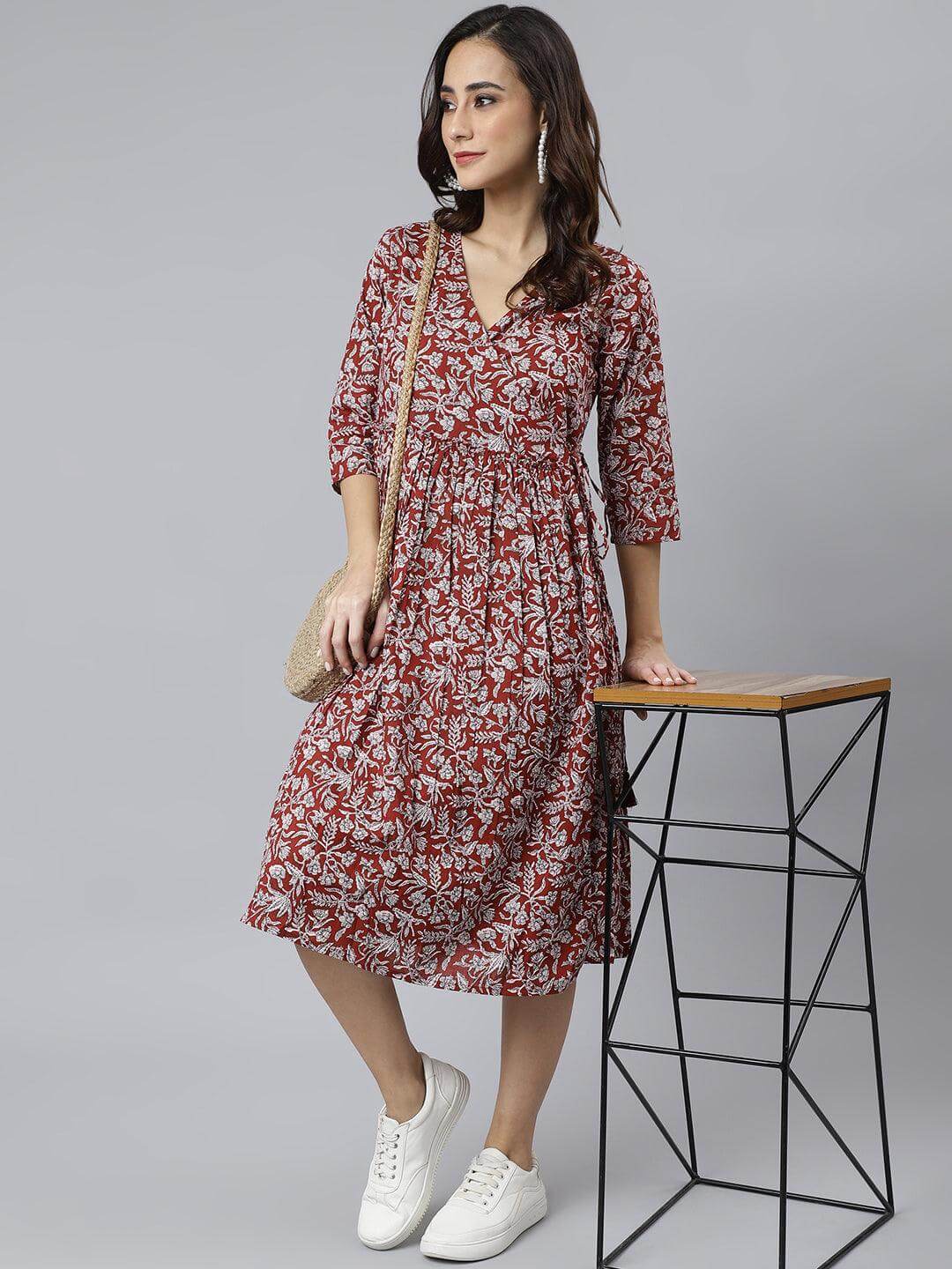 Maroon Cotton Floral Print Angrakha Western Dress Silae
