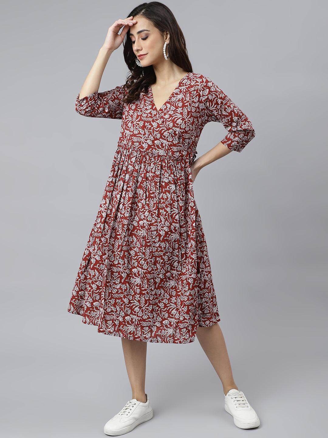 Maroon Cotton Floral Print Angrakha Western Dress Silae