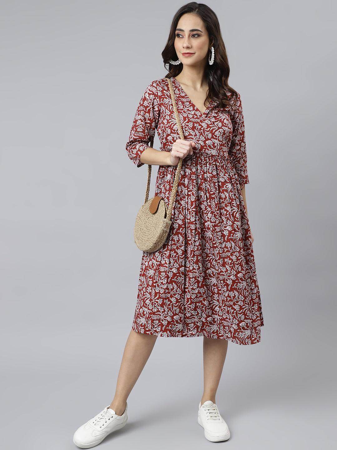 Maroon Cotton Floral Print Angrakha Western Dress Silae