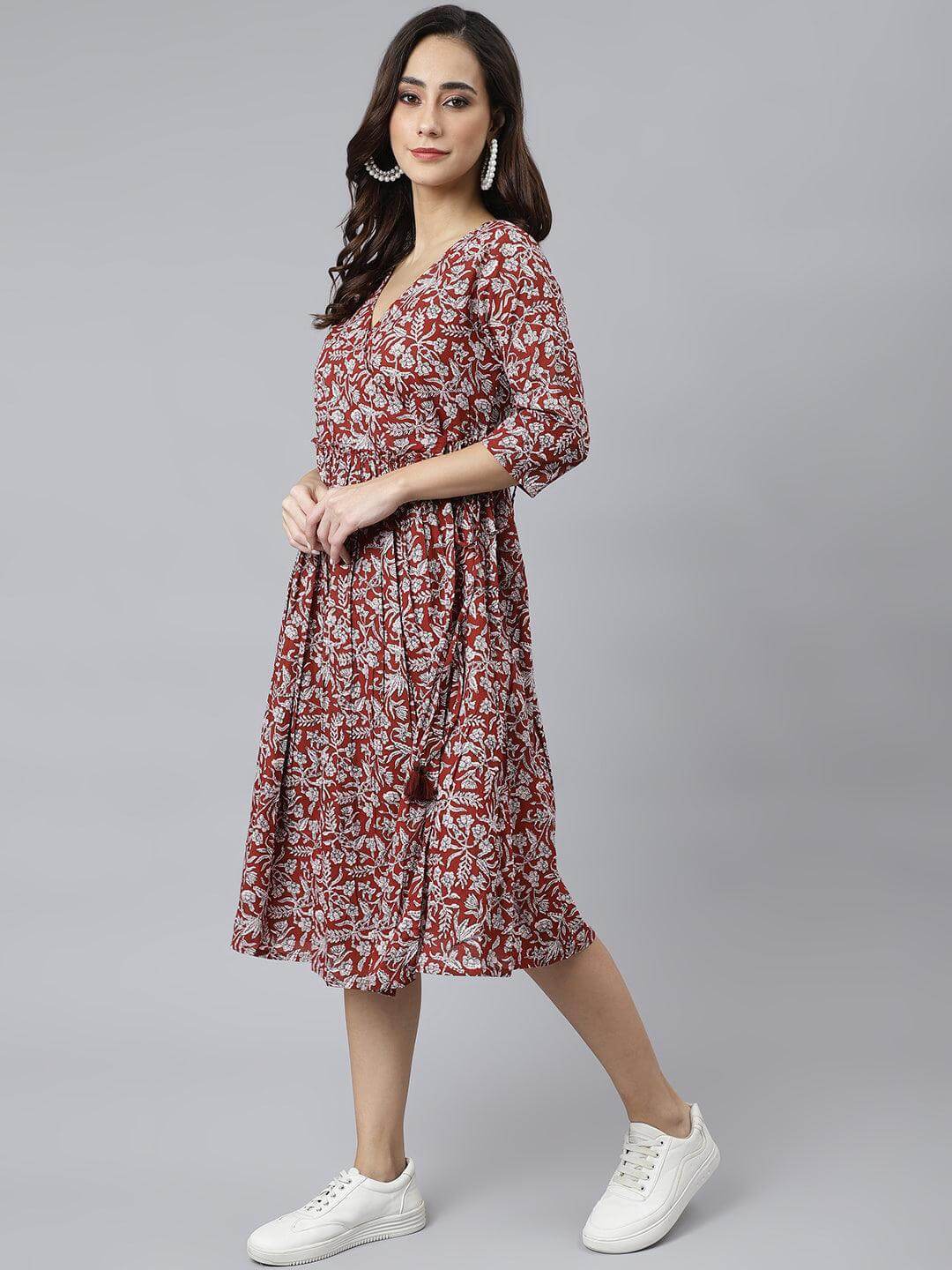 Maroon Cotton Floral Print Angrakha Western Dress Silae