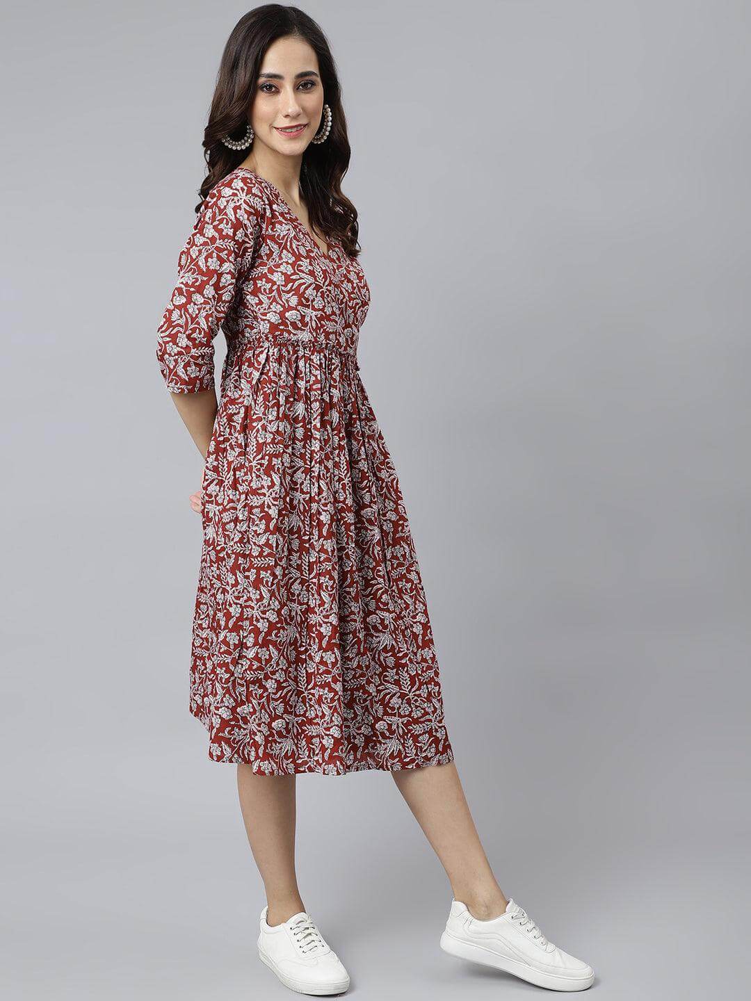 Maroon Cotton Floral Print Angrakha Western Dress Silae