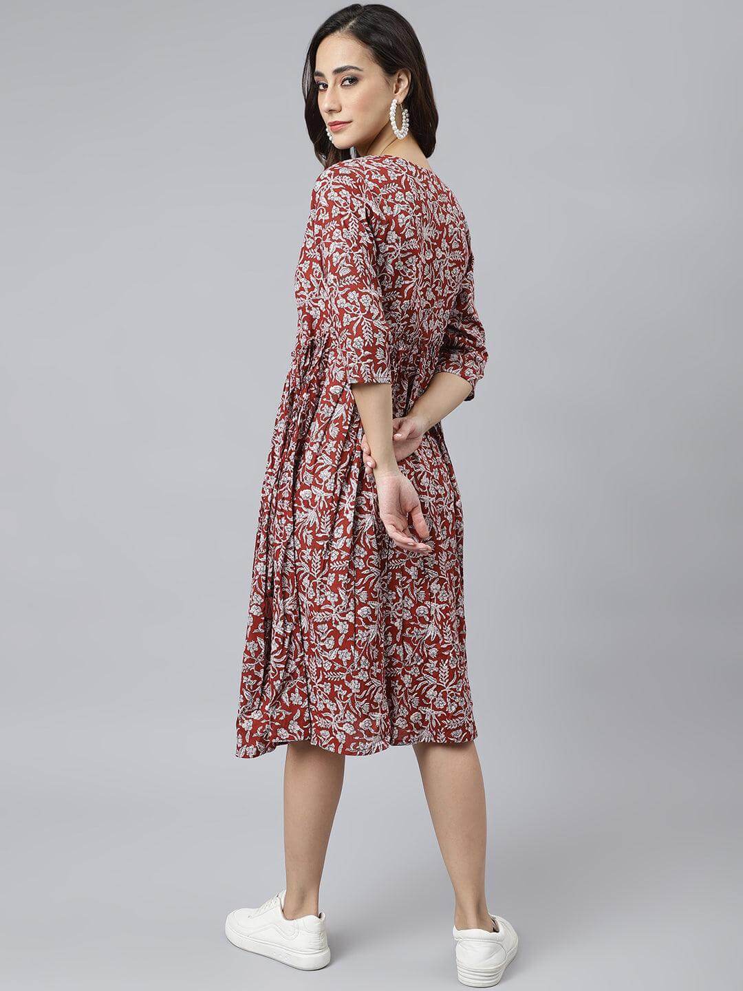 Maroon Cotton Floral Print Angrakha Western Dress Silae
