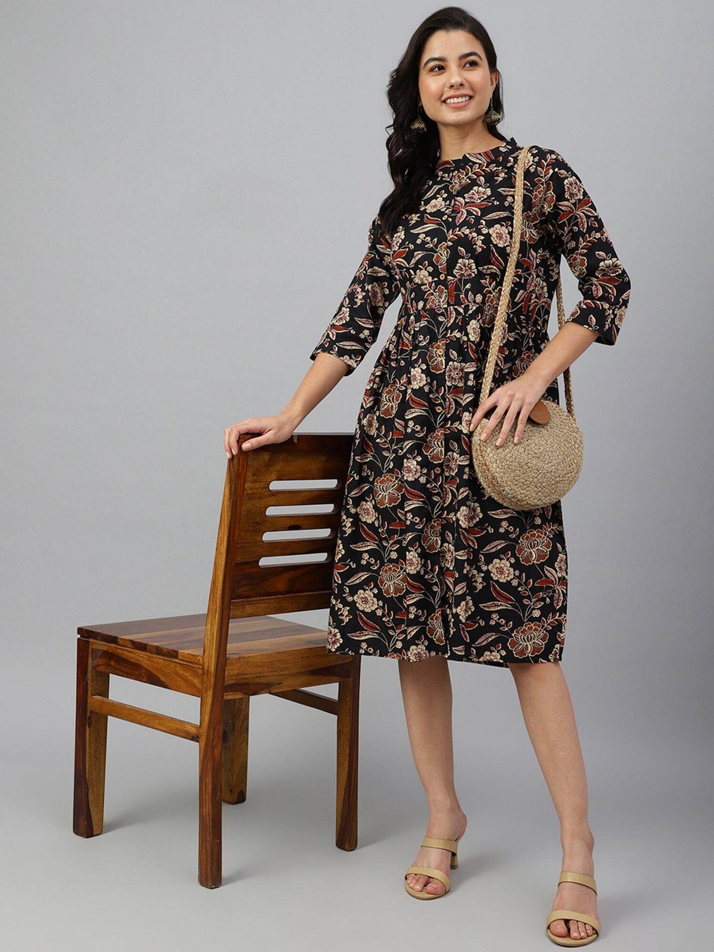 Black Cotton Floral Print Flared Western Dress Silae