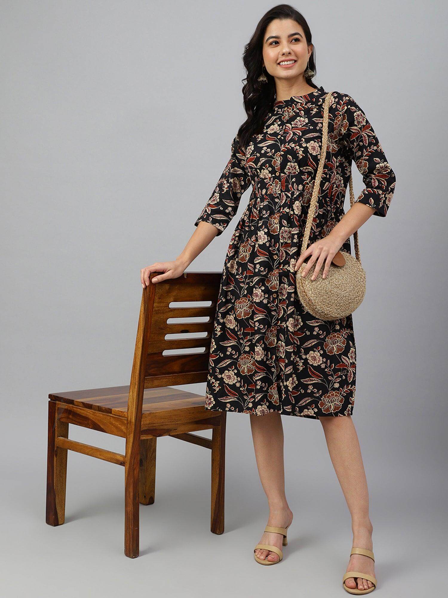 Black Cotton Floral Print Flared Western Dress Silae