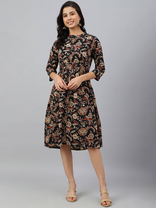 Black Cotton Floral Print Flared Western Dress Silae