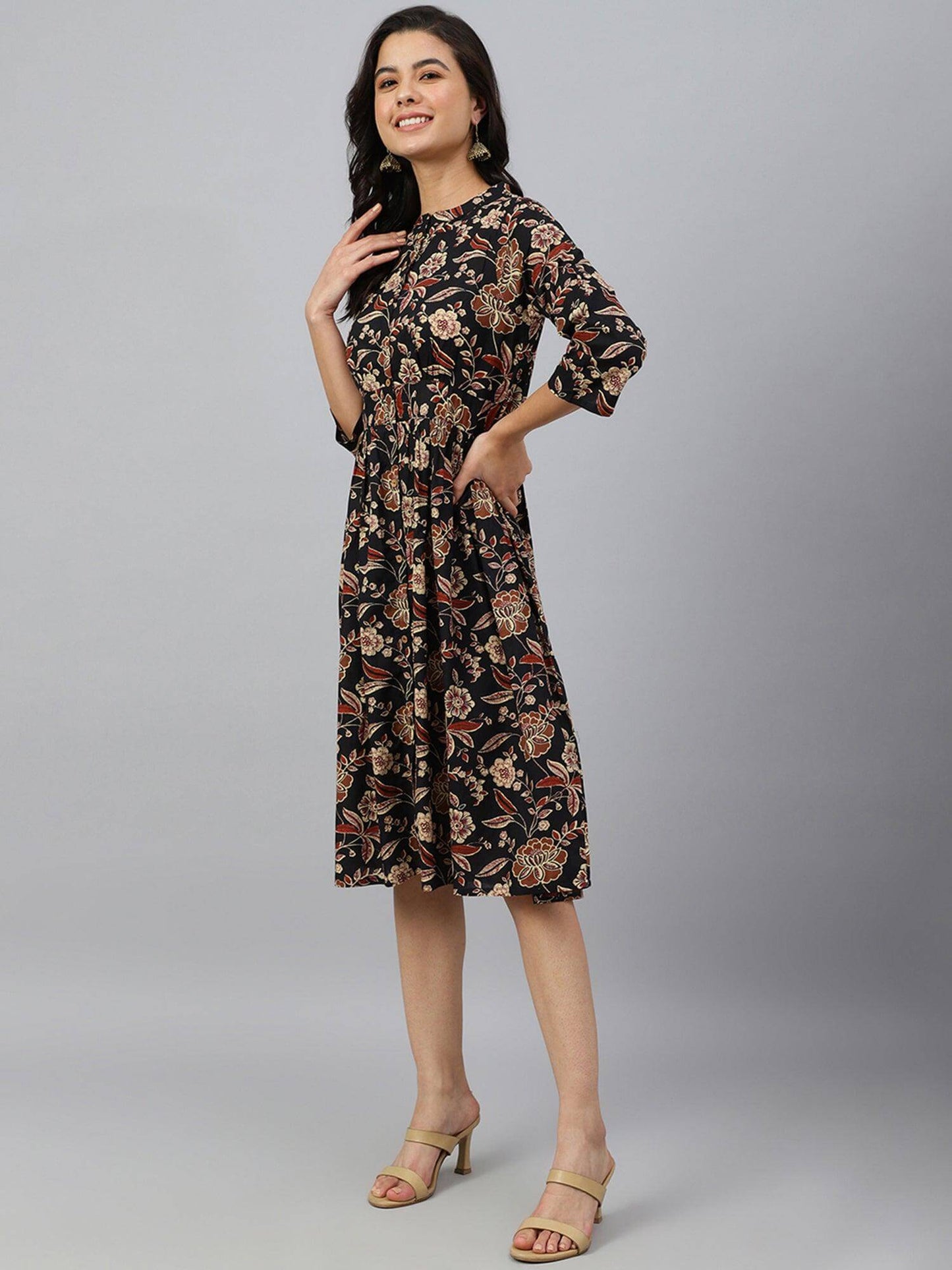 Black Cotton Floral Print Flared Western Dress Silae
