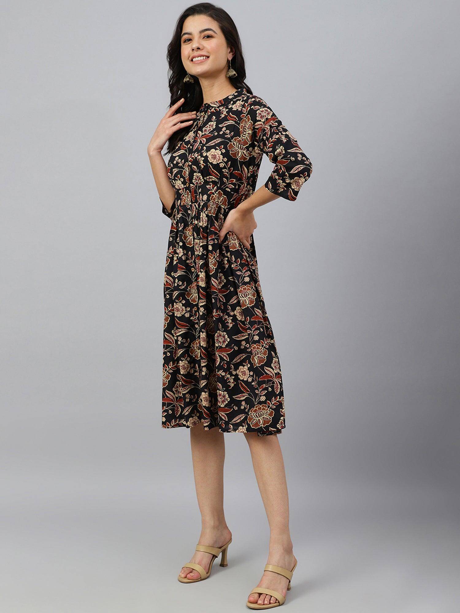 Black Cotton Floral Print Flared Western Dress Silae