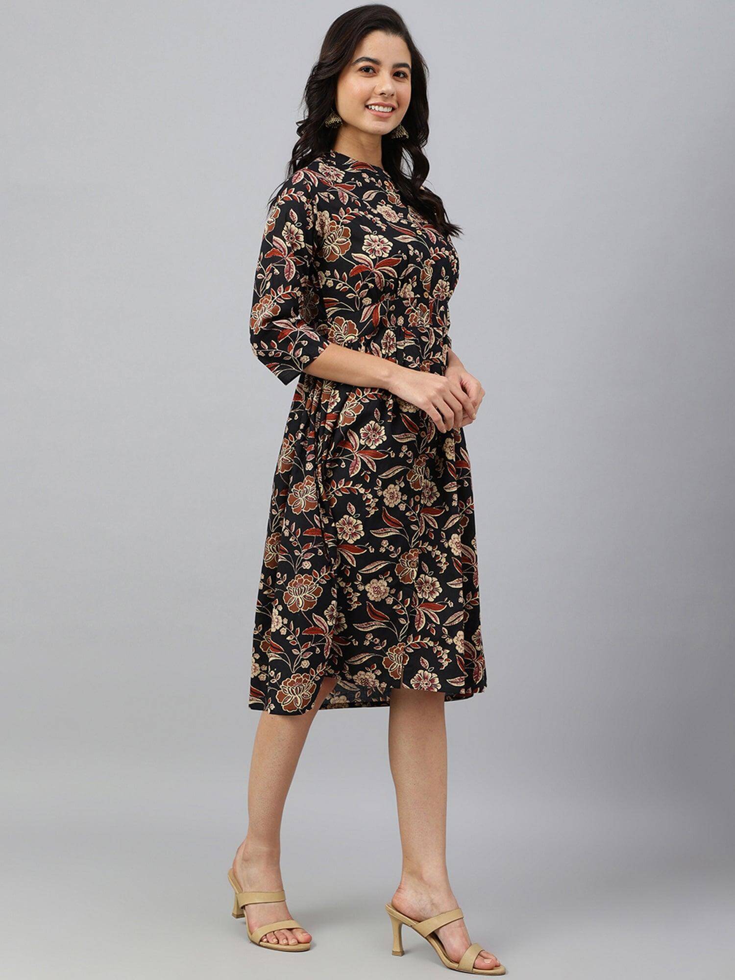 Black Cotton Floral Print Flared Western Dress Silae
