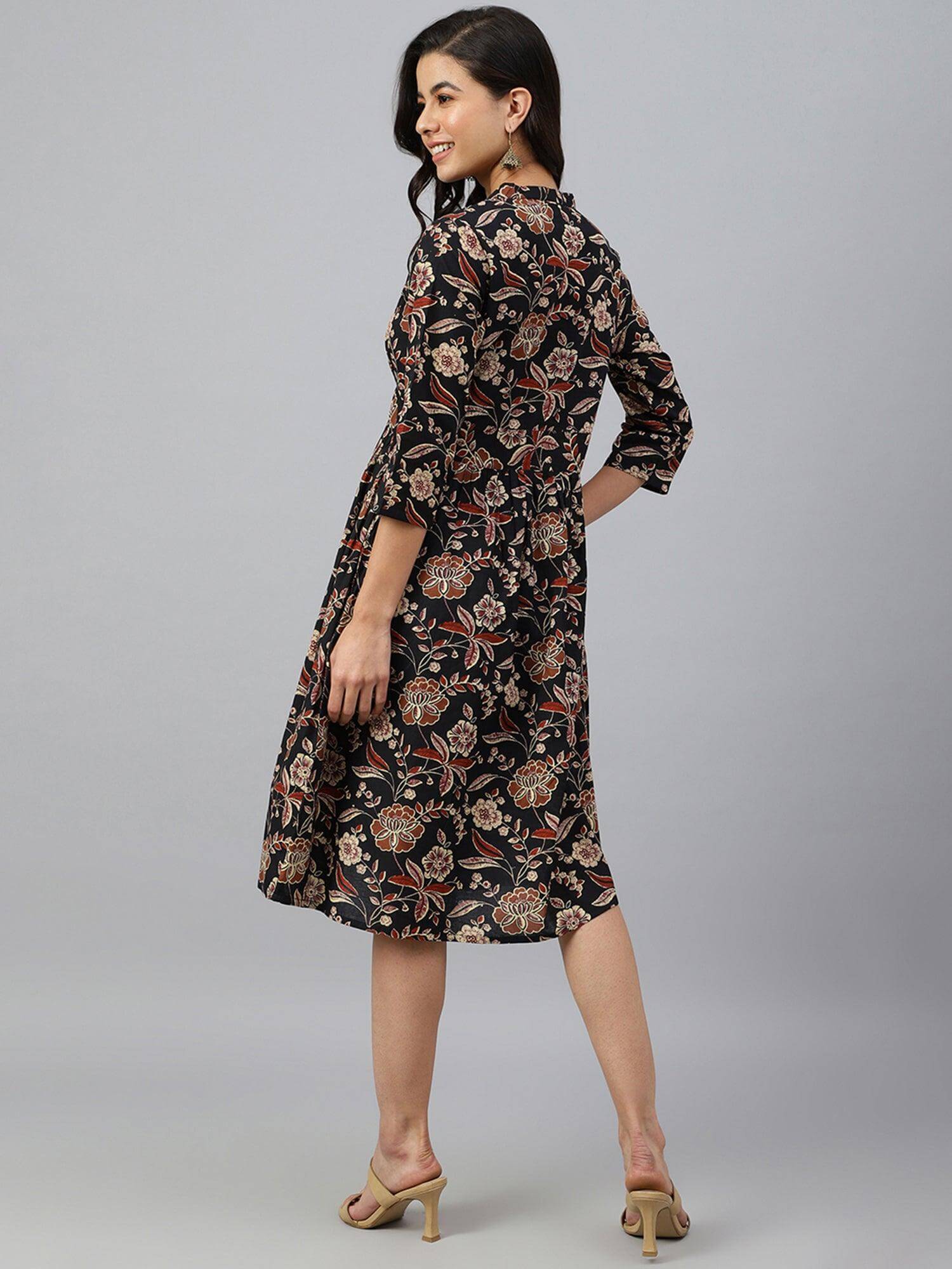 Black Cotton Floral Print Flared Western Dress Silae