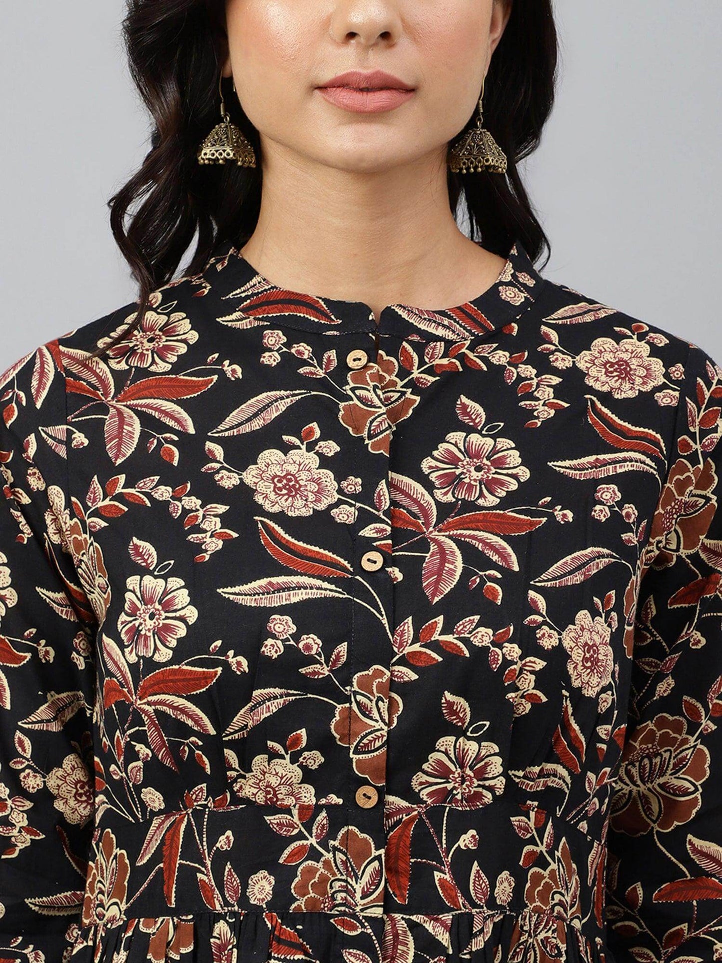 Black Cotton Floral Print Flared Western Dress Silae