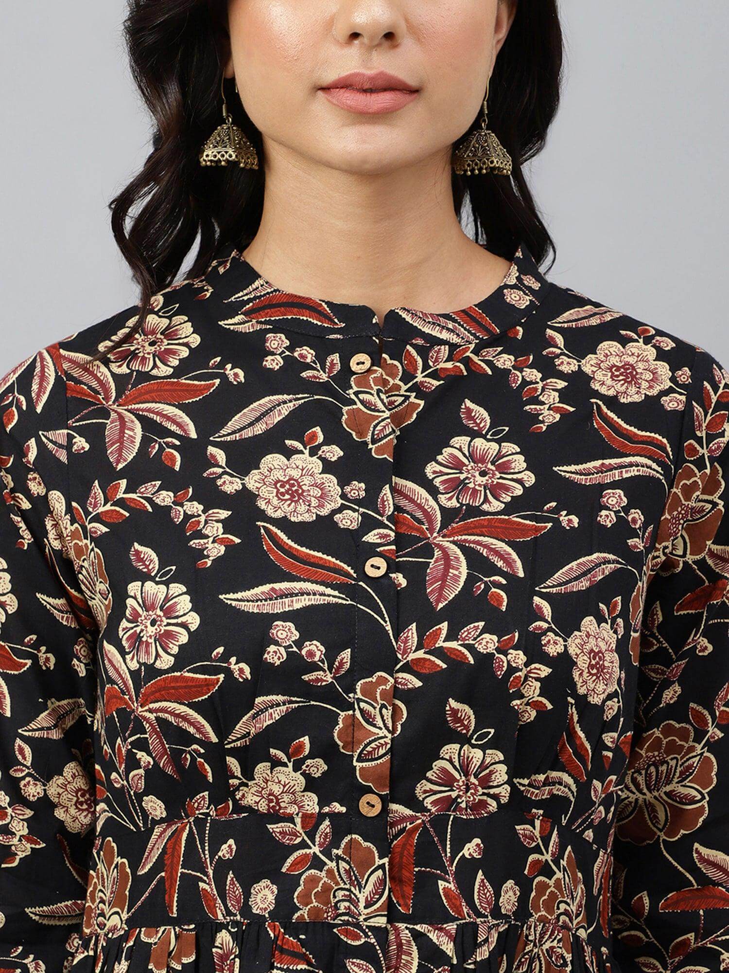 Black Cotton Floral Print Flared Western Dress Silae
