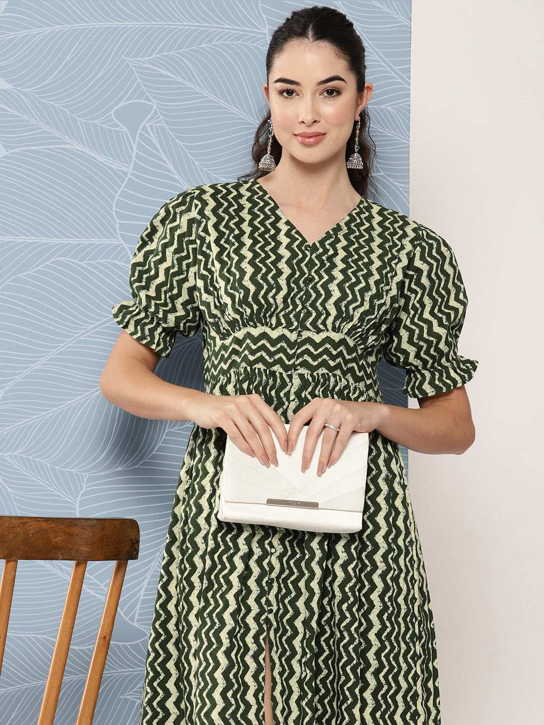 Olive Cotton Chevron Print Flared Western Dress Silae