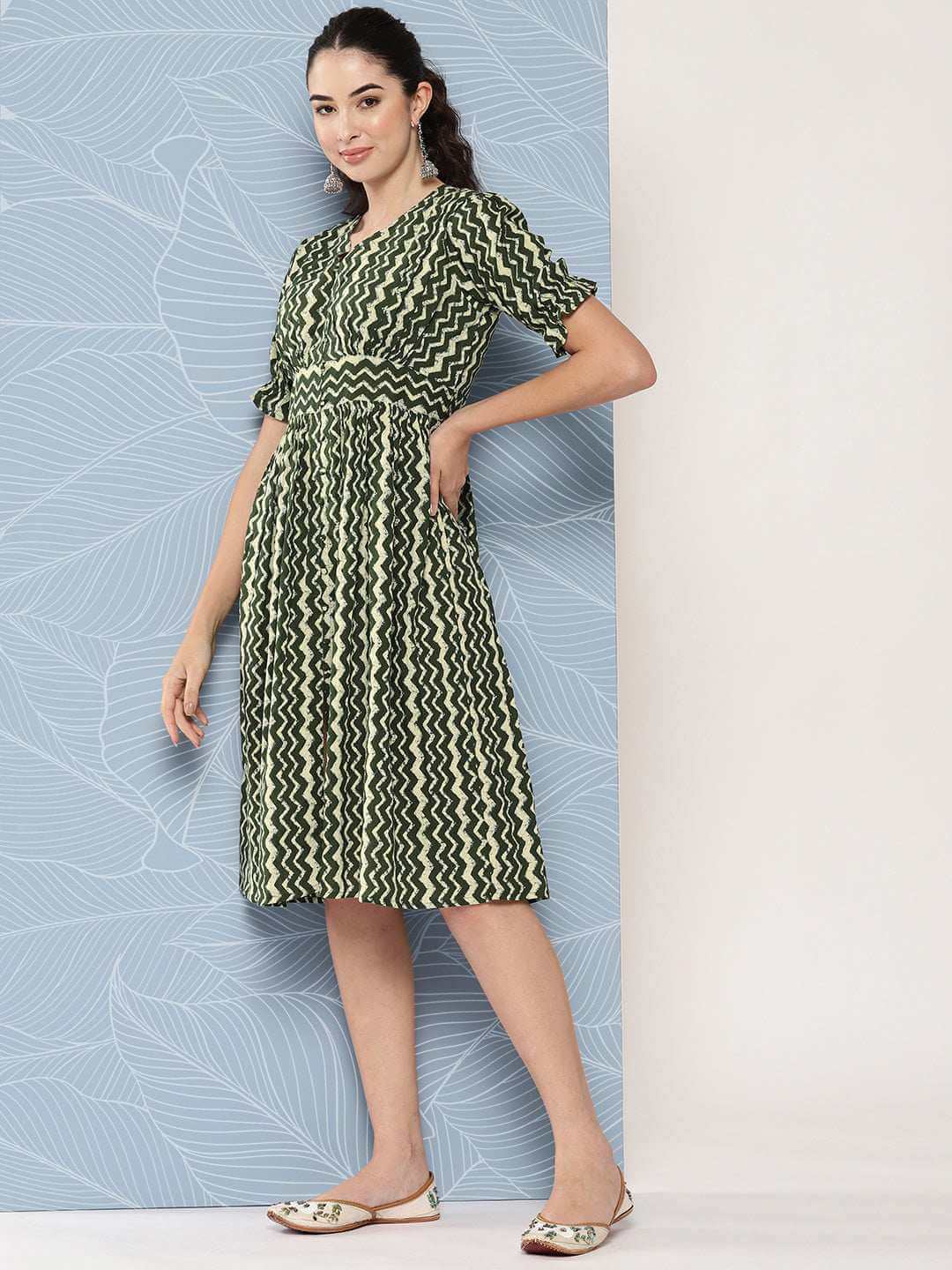 Olive Cotton Chevron Print Flared Western Dress Silae