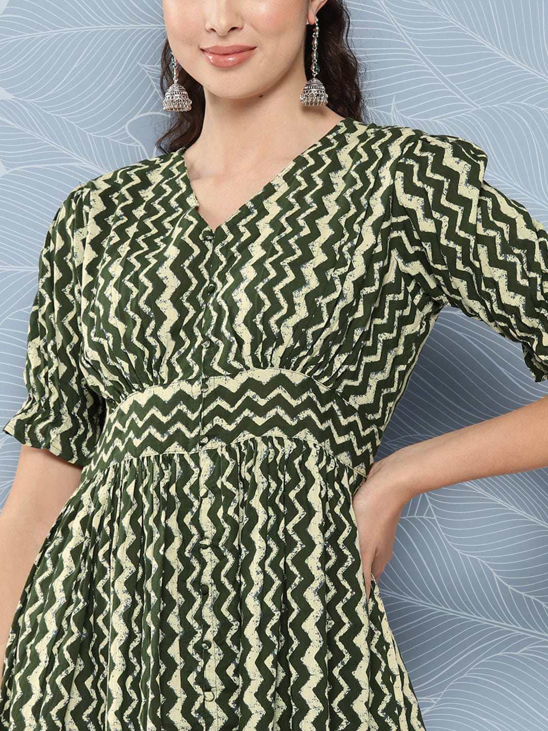 Olive Cotton Chevron Print Flared Western Dress Silae