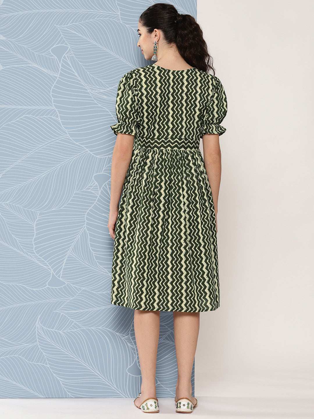 Olive Cotton Chevron Print Flared Western Dress Silae