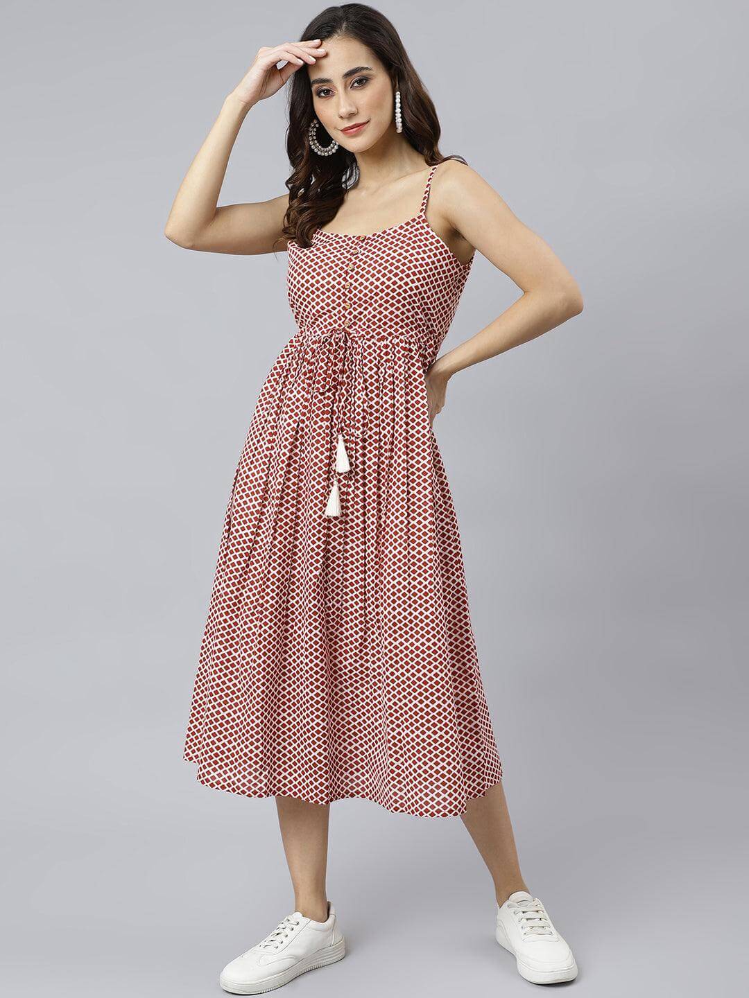 Red Cotton Geometric Printed Flared Western Dress Silae