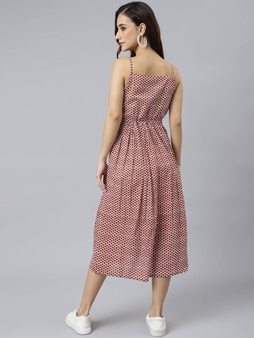 Red Cotton Geometric Printed Flared Western Dress Silae