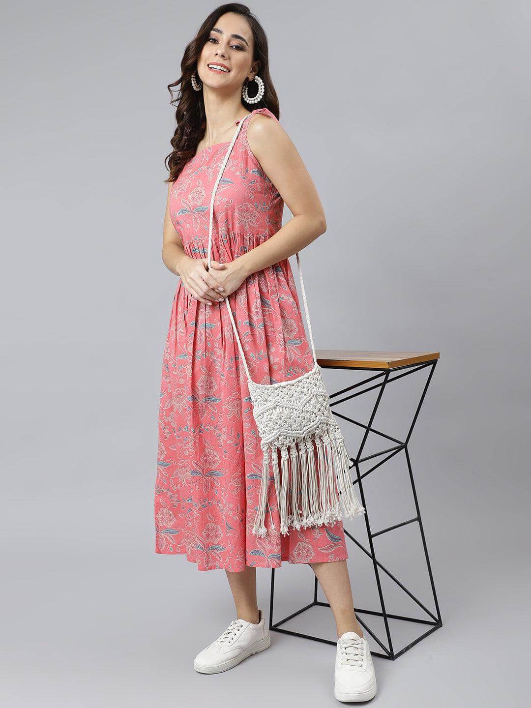 Pink Cotton Floral Print Flared Western Dress Silae