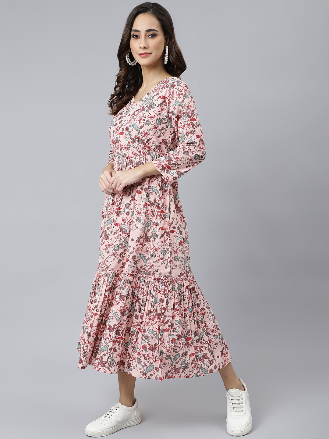 Peach Cotton Floral Print Flared Kurta