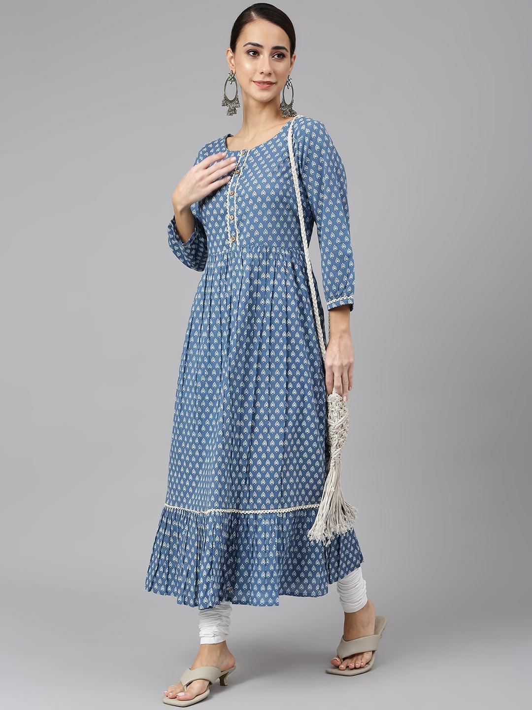 Blue Cotton Ethnic Motifs Flared Kurta Silae