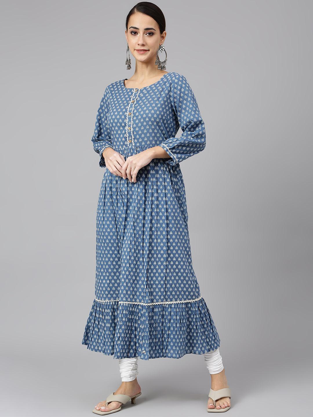 Blue Cotton Ethnic Motifs Flared Kurta Silae