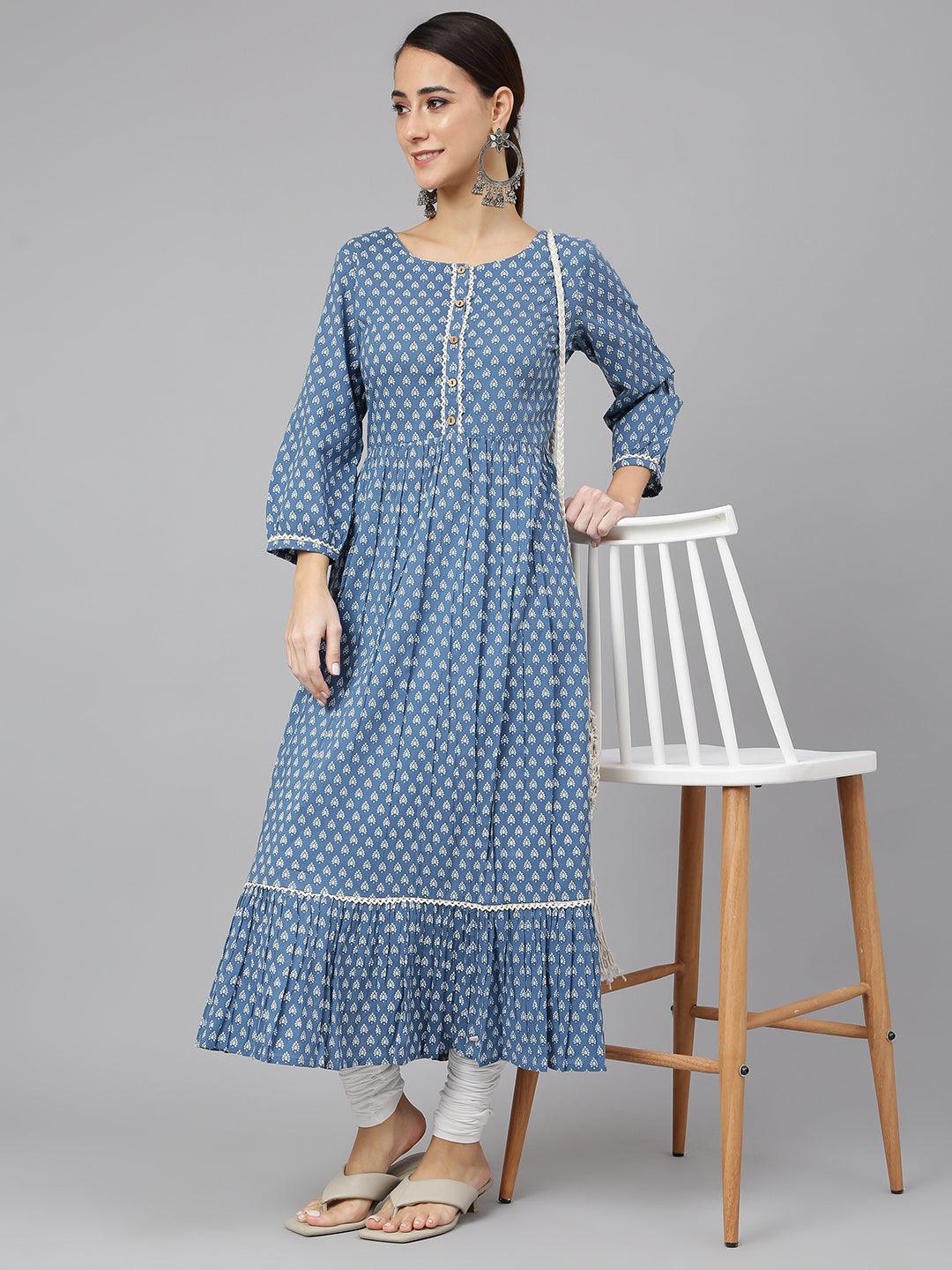 Blue Cotton Ethnic Motifs Flared Kurta Silae