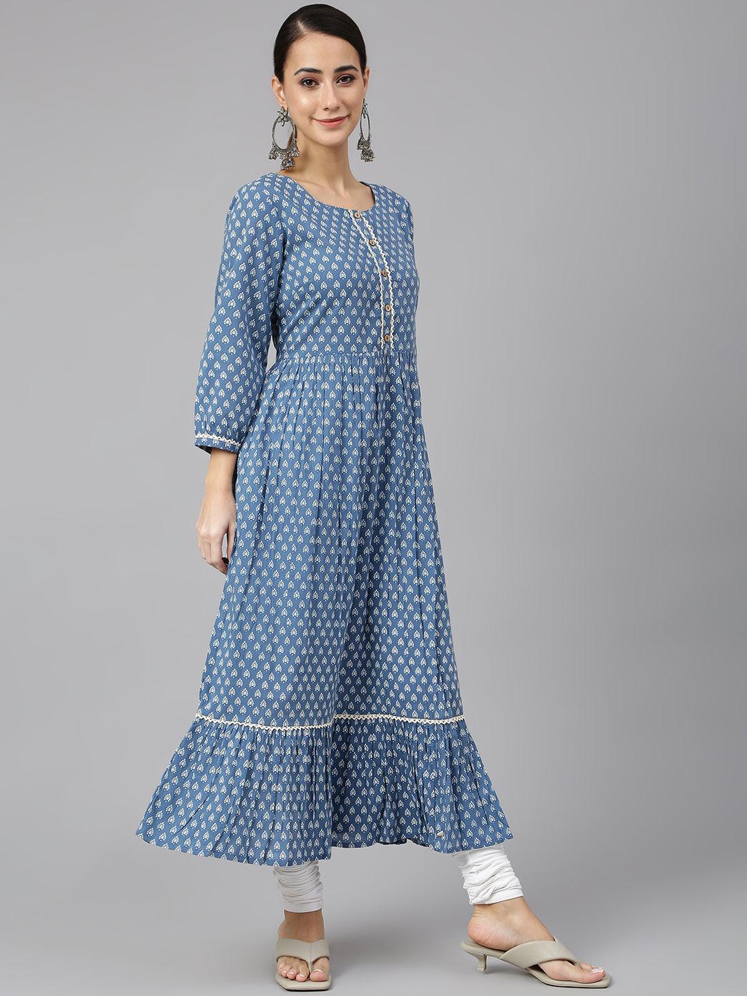 Blue Cotton Ethnic Motifs Flared Kurta Silae