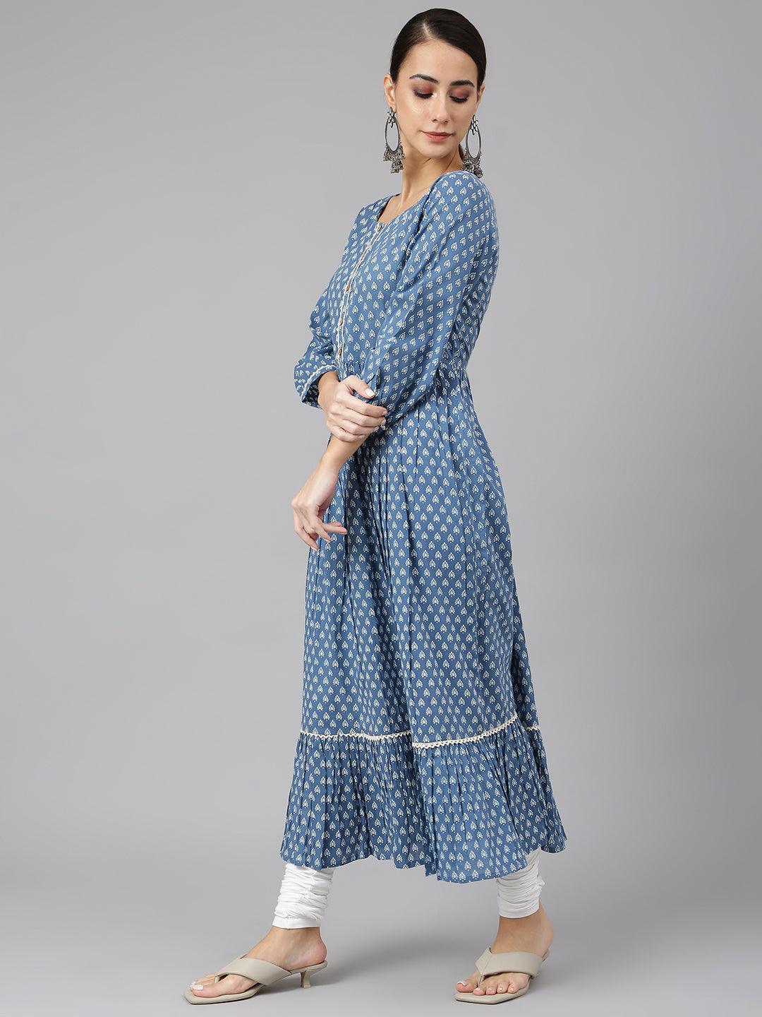 Blue Cotton Ethnic Motifs Flared Kurta Silae