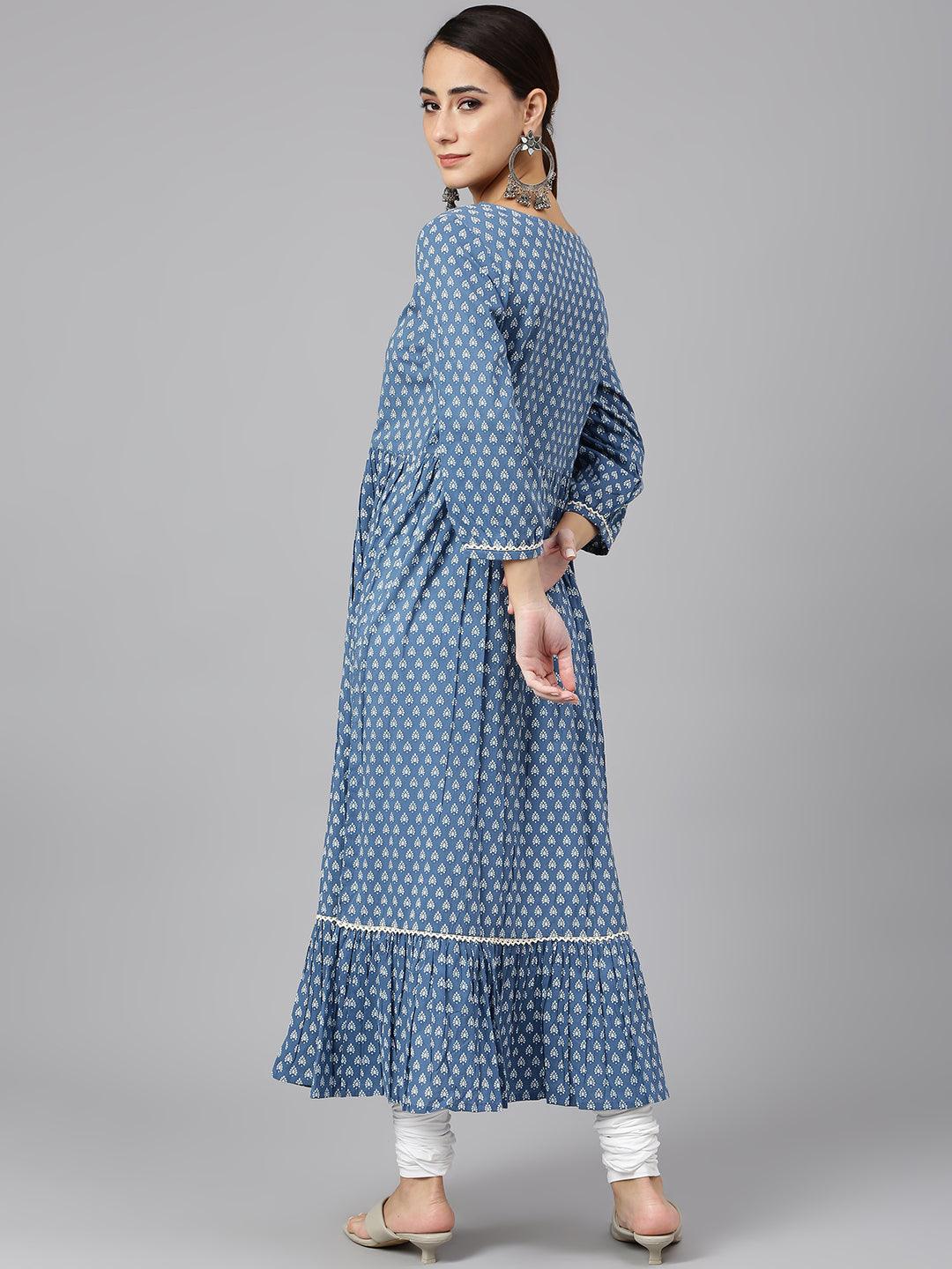 Blue Cotton Ethnic Motifs Flared Kurta Silae