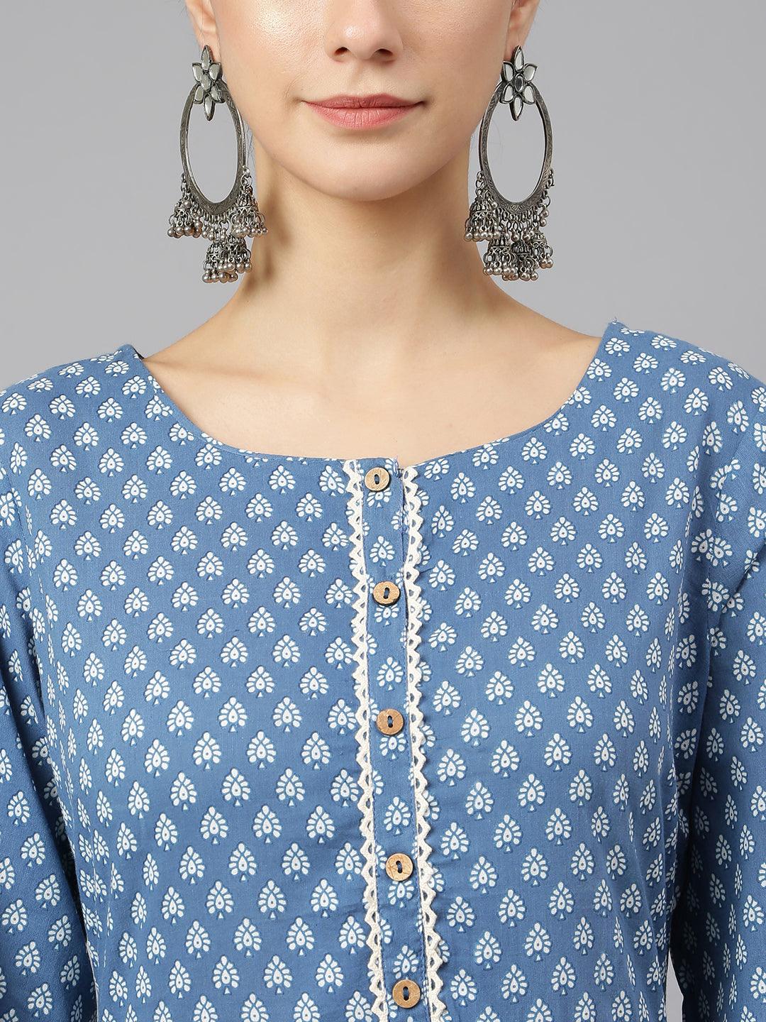 Blue Cotton Ethnic Motifs Flared Kurta Silae