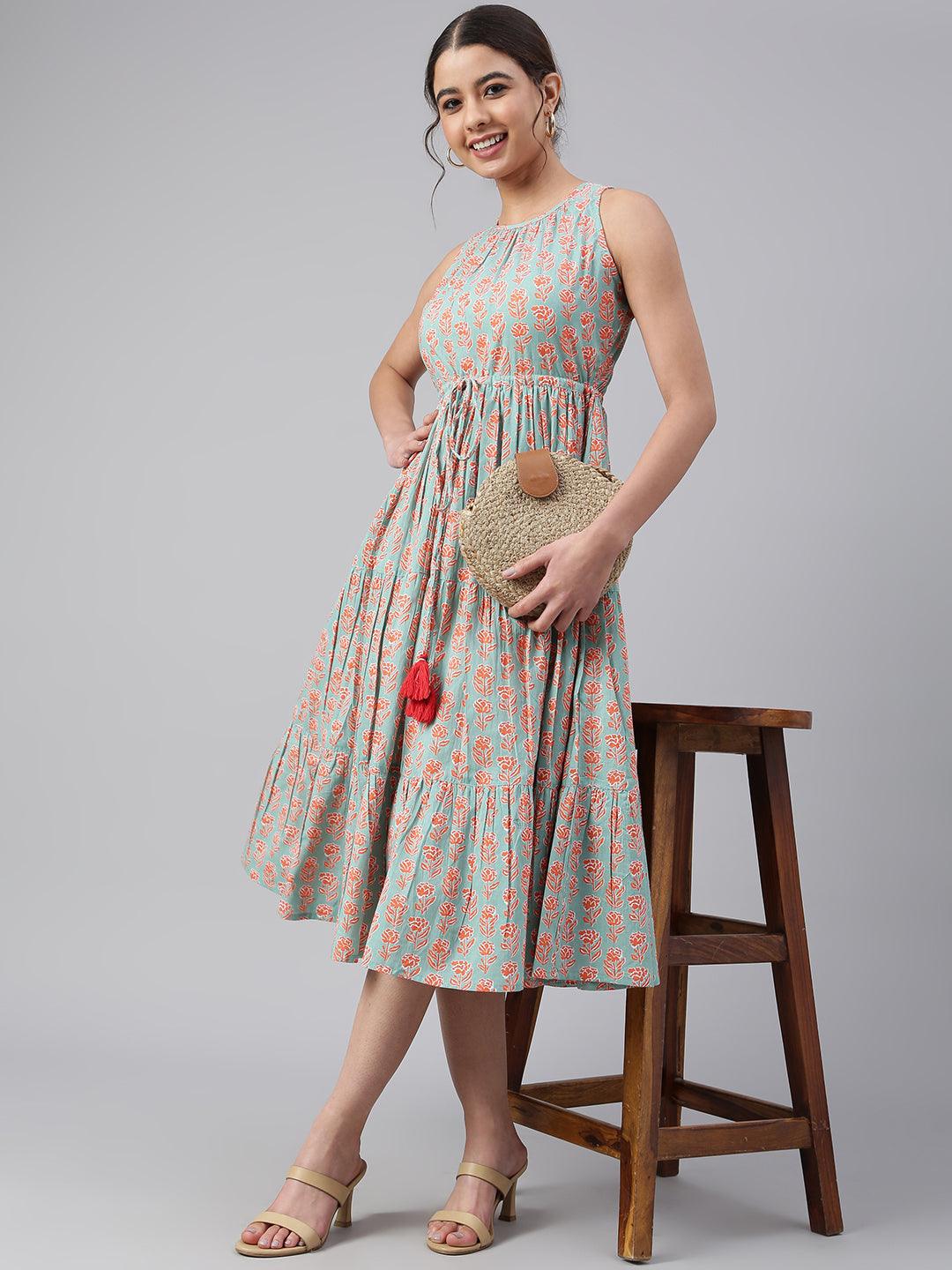 Mint Green Cotton Floral Block Print Tiered Western Dress Silae