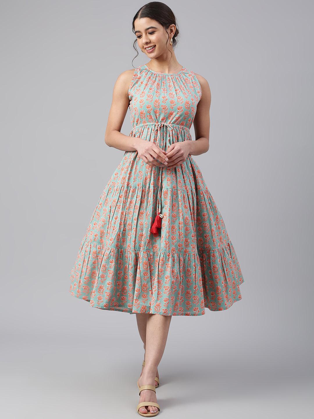 Mint Green Cotton Floral Block Print Tiered Western Dress Silae