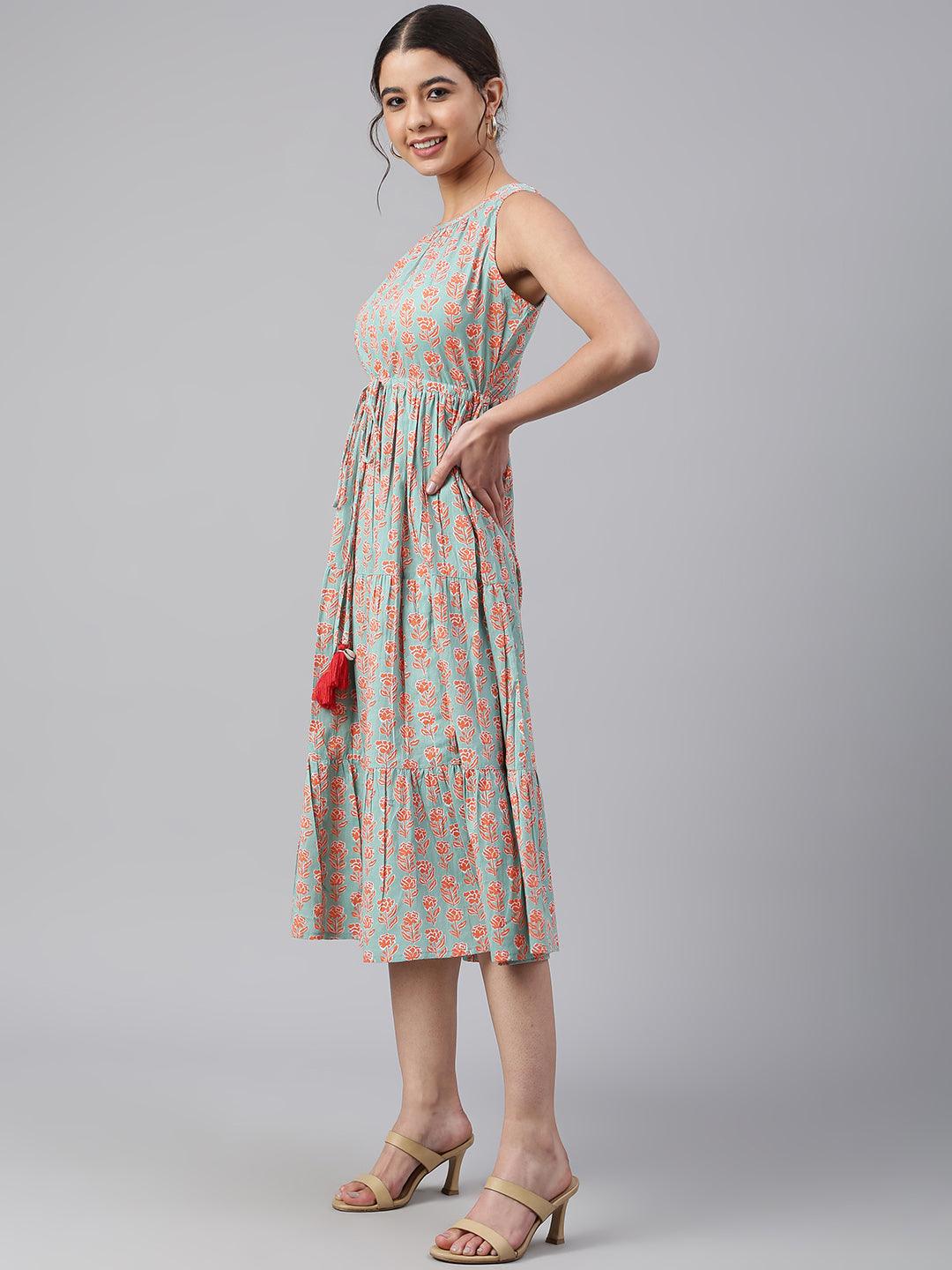 Mint Green Cotton Floral Block Print Tiered Western Dress Silae