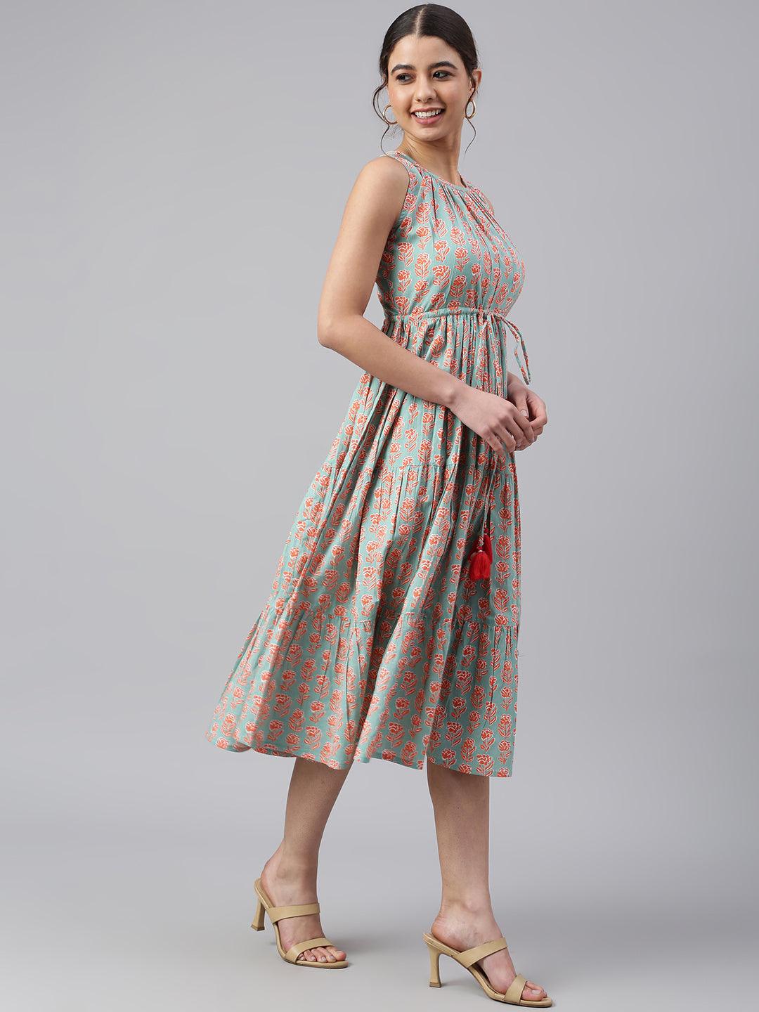 Mint Green Cotton Floral Block Print Tiered Western Dress Silae