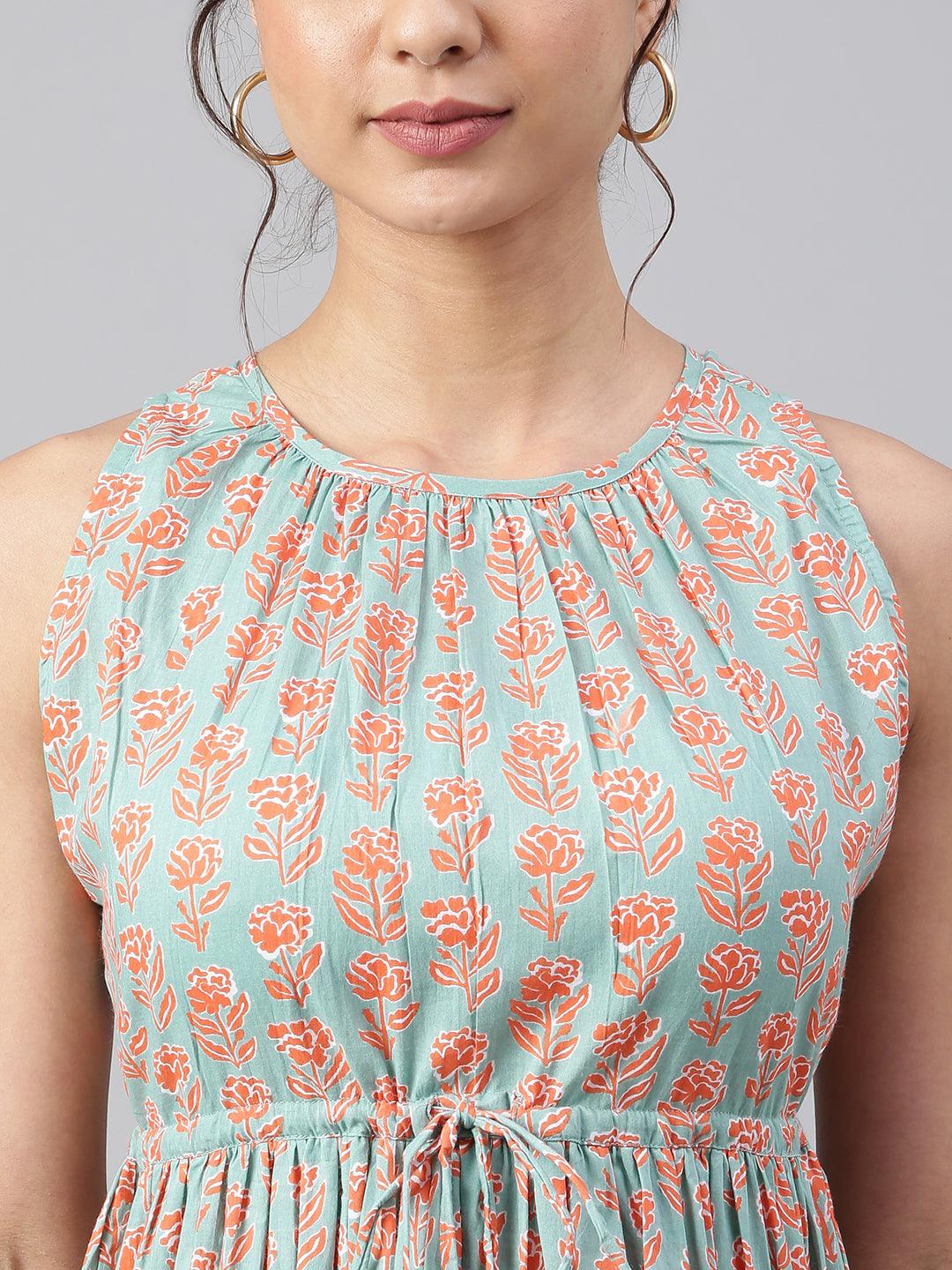 Mint Green Cotton Floral Block Print Tiered Western Dress Silae