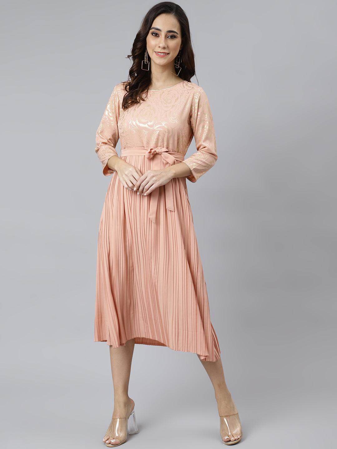 Peach Poly Crepe Botanical Print Flared Kurta Silae