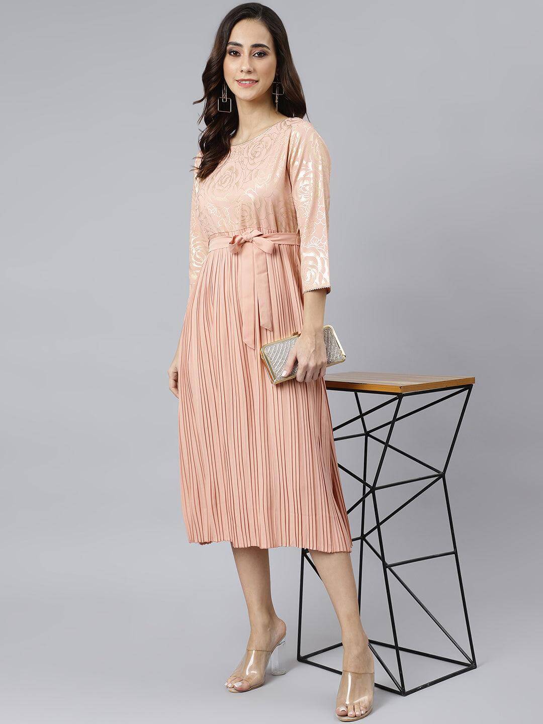 Peach Poly Crepe Botanical Print Flared Kurta Silae