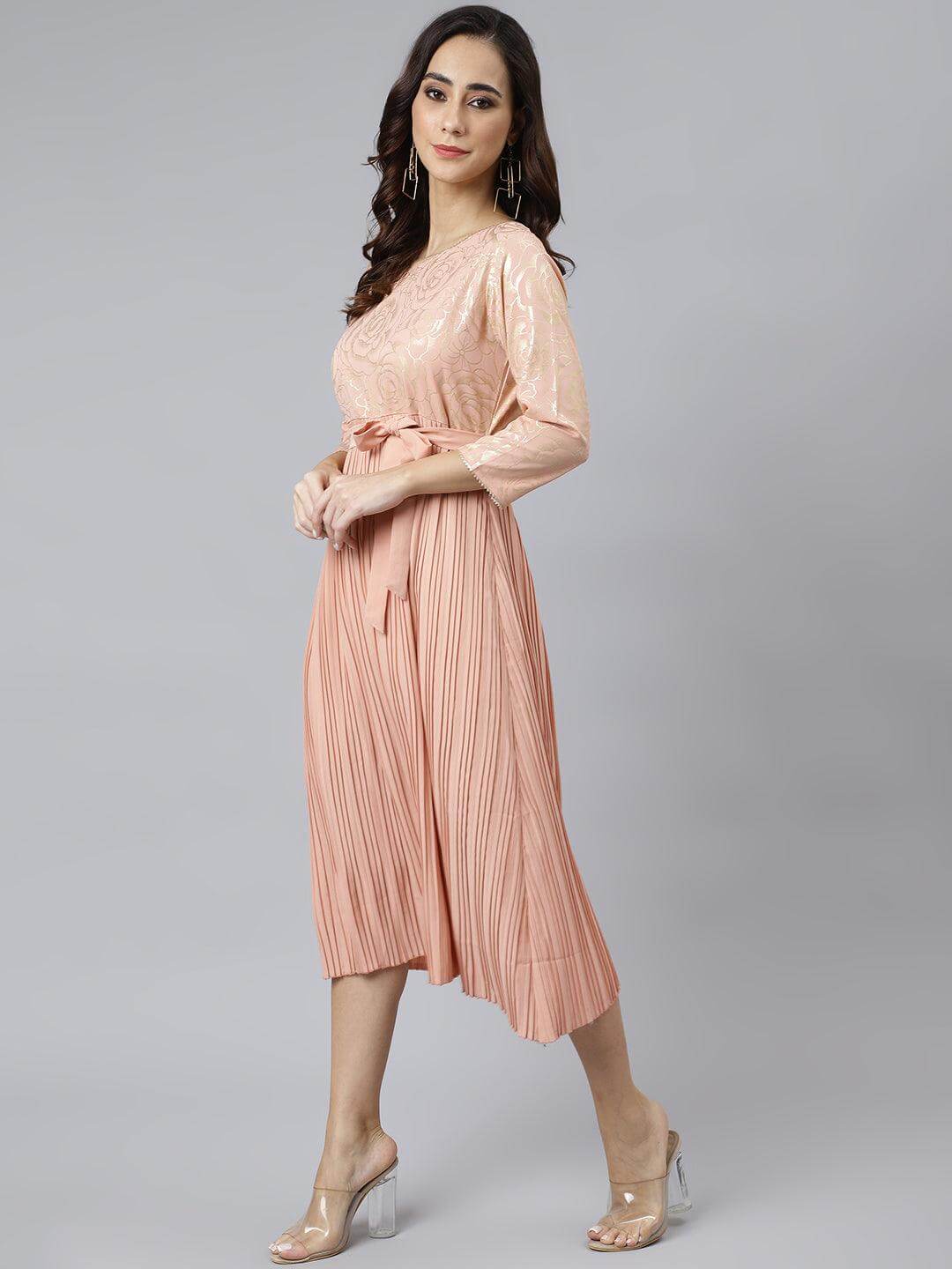 Peach Poly Crepe Botanical Print Flared Kurta Silae