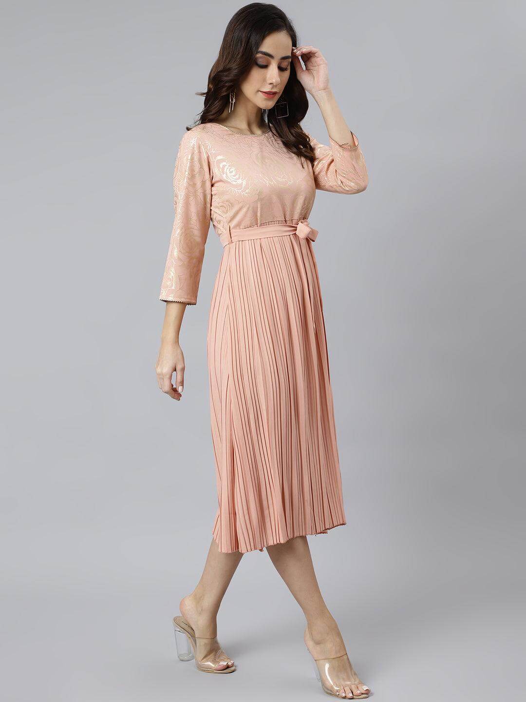 Peach Poly Crepe Botanical Print Flared Kurta Silae