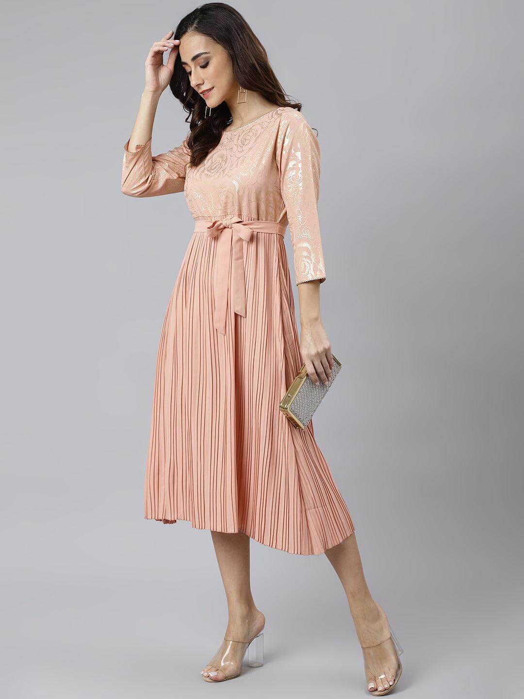 Peach Poly Crepe Botanical Print Flared Kurta Silae
