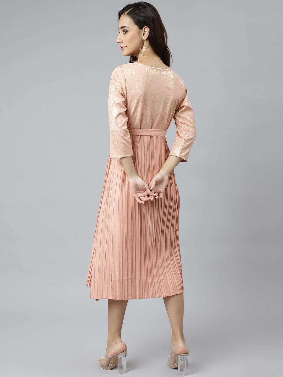 Peach Poly Crepe Botanical Print Flared Kurta Silae