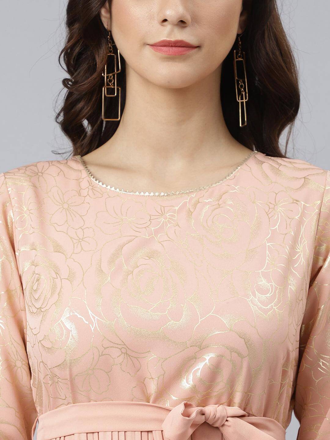 Peach Poly Crepe Botanical Print Flared Kurta Silae
