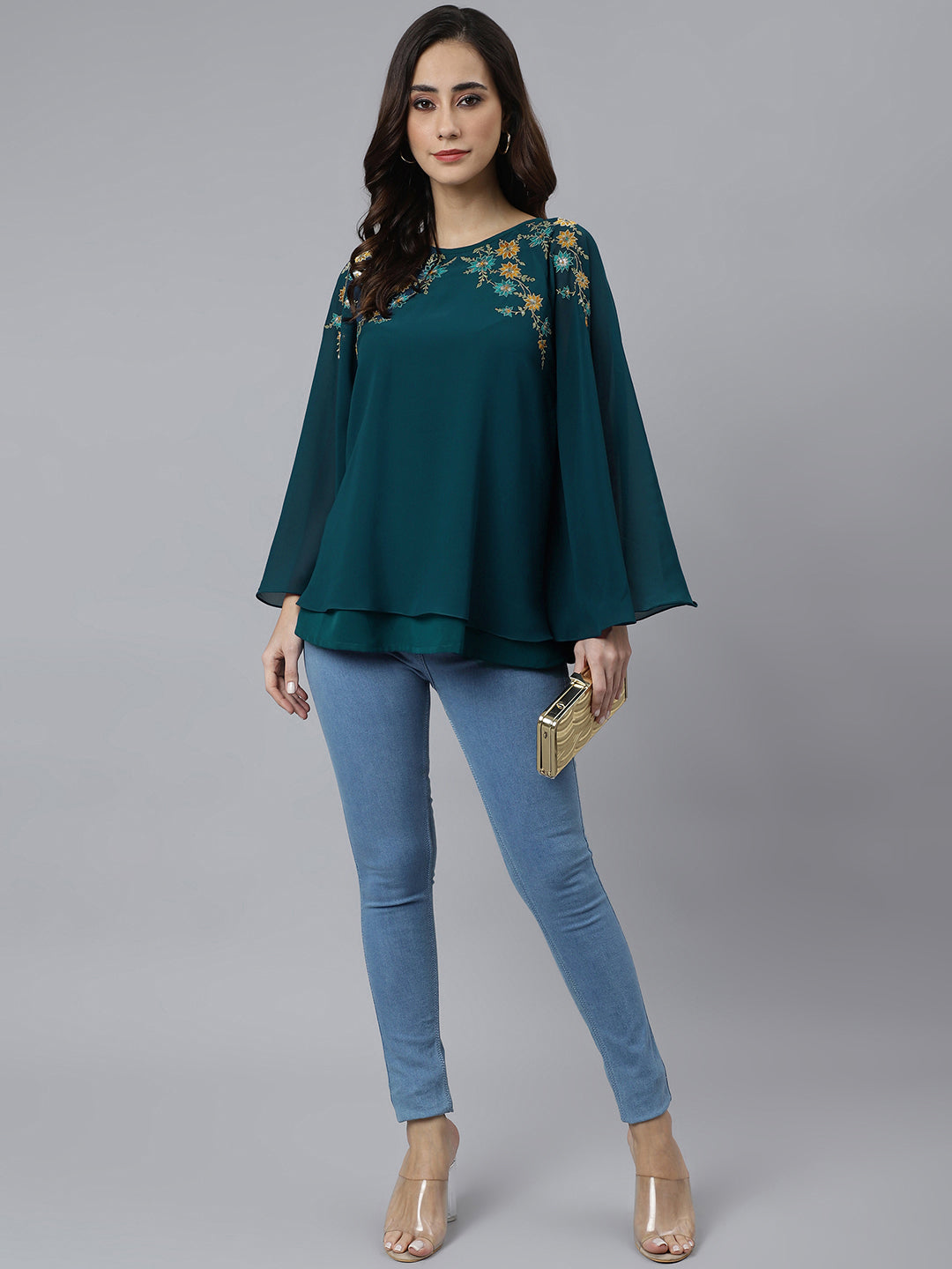Aqua Blue Georgette Embroidered Casual A Line Ethnic Top Silae